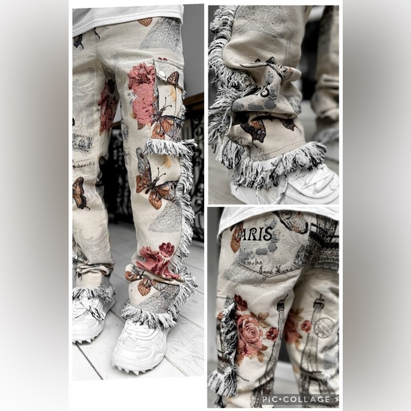 RARE Guapi 'La Ville Lumiere' Tapestry Paris Butterfly Street Cargo Pants 34
